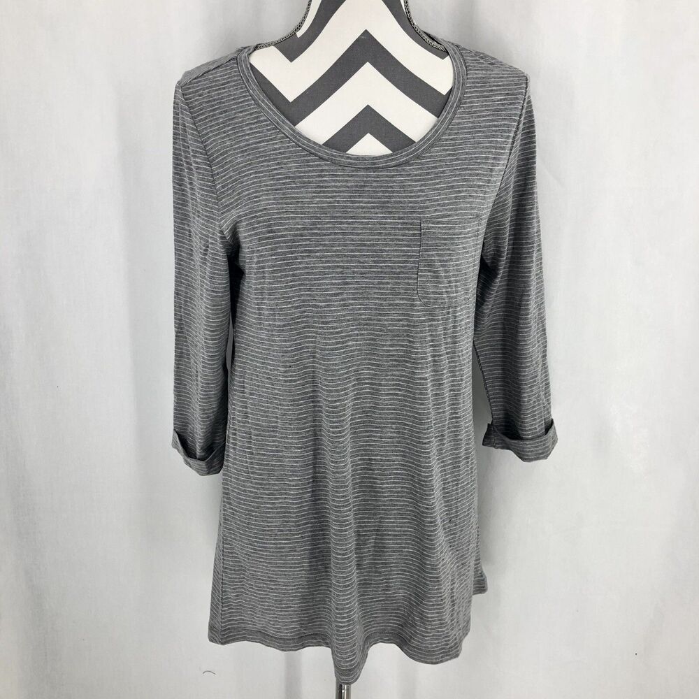 Daniel Buchler Maiyan 3/4 Sleeve Gray Striped Pocket T Shirt Small NWT